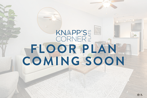 A modern living room with a white sofa and a text overlay that reads "Knapp's Corner Floors Coming Soon".